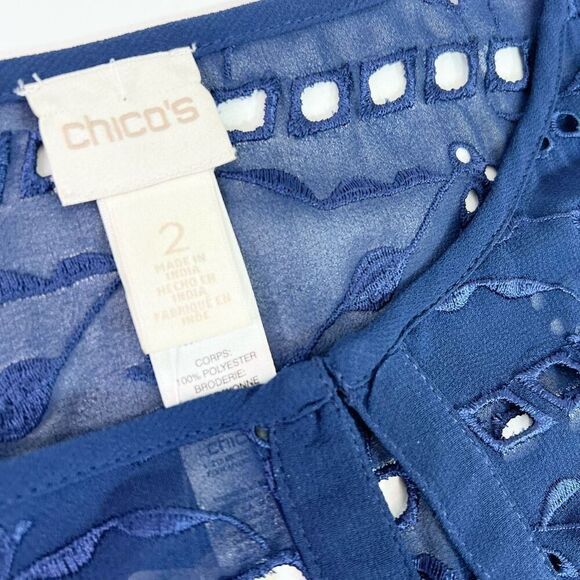 Chico's Cardigan Sweater Women Large Eyelet Embroidered Sheer Long New Navy - Picture 4 of 12